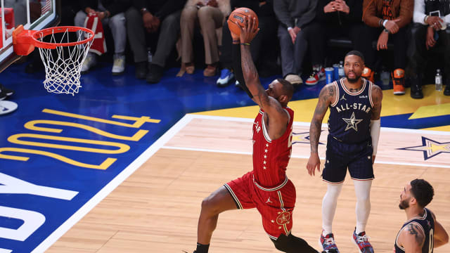 LeBron James throws down a dunk during the 2024 NBA All-Star Game.